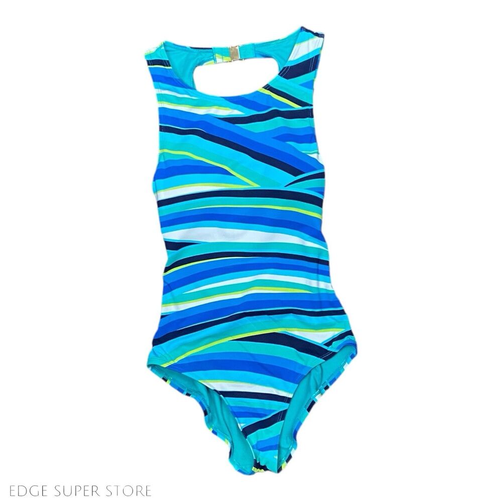 Tommy Bahama Aqua Blue Striped Open Back Retro Print Swimsuit One Piece Size 4